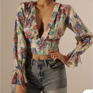 Anthropologie Floral Plunging V Neckline Long Sleeve Crop Top Size XS - NWT